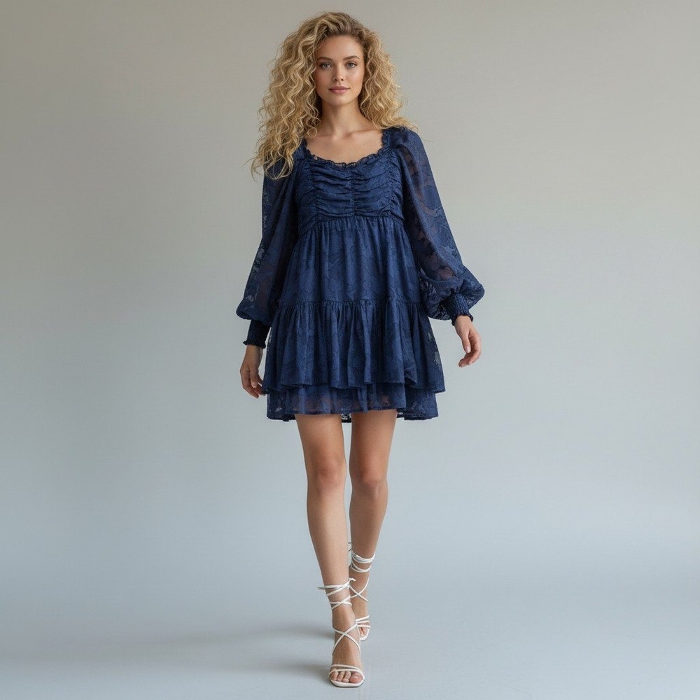 Altar'd State Mini Dress Small Clairyn Tiered Long Sleeve Blue